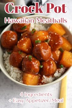 the recipe for crock pot hawaiian meatballs is in a bowl with rice and chopsticks