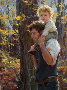 a painting of a man holding a child in his arms while standing next to a tree