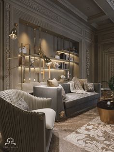 a living room filled with lots of furniture next to a wall mounted book shelf on top of a wooden floor