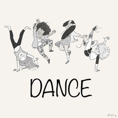 some people are dancing and the word dance is written in black on a white background