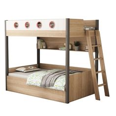 a wooden bunk bed with two ladders next to it and a book shelf on the bottom