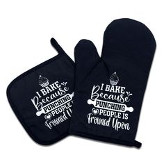 two oven mitts that say baking because punching people is proud upon them on the front and back