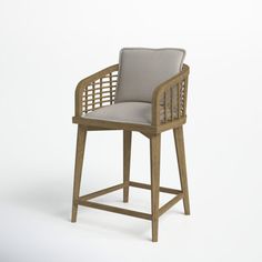 an upholstered wooden bar stool with grey fabric seat and backrest, viewed from the front