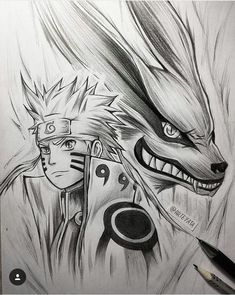 a drawing of an anime character and a wolf