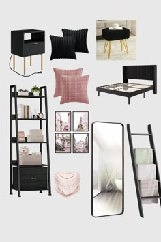 a collage of black and white furniture with pictures on the wall, pillows, bedding, table, mirror and other items