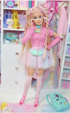 a barbie doll standing in front of a closet