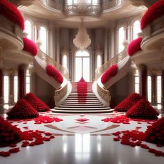 the stairs are decorated with red flowers and petals