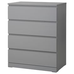 a gray dresser with three drawers on top and one drawer in the bottom, against a white background