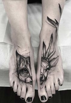 two people with tattoos on their feet, one has an eye and the other has a bird