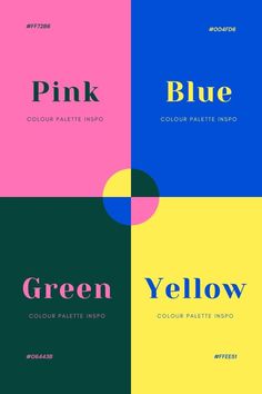 four different color palettes with the word pink, blue, green and yellow on them