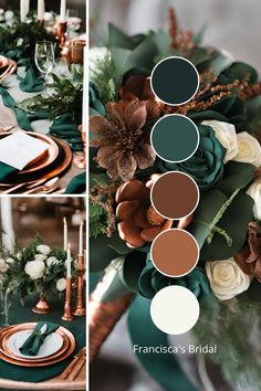 the table is set with green, white and gold flowers in shades of teal