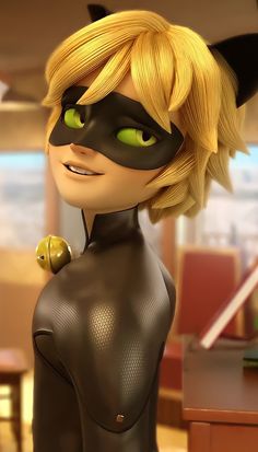 the animated character is dressed in black and has green eyes, blonde hair, and a cat mask