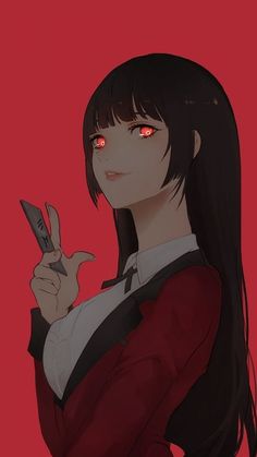 an anime character with red eyes holding a knife