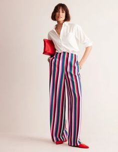 Wide Leg Pull-on Trousers - Stripe | Boden US Wide Striped Pants Outfit, Blazer Jeans, Boden Uk, Blazer And Shorts, Midi Shirt Dress, Mini Boden, Fashion Books, Petite Dresses, Pull On Pants