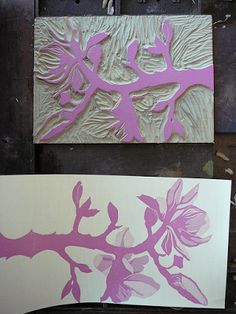 two pieces of paper with pink and white designs on them