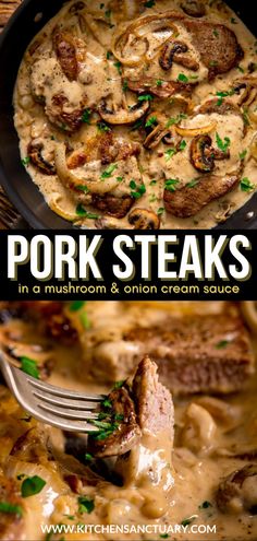 pork steaks in mushroom and onion cream sauce