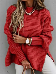 Half Turtleneck Solid Split Sweater Split Sweater, Chique Outfit, Pullover Mode, Solid Sweaters, Winter Pullover, Lace Sweater, Estilo Chic, Chic Casual, Red Sweater