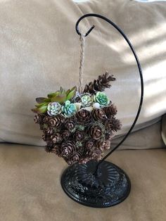 a vase filled with succulents on top of a couch