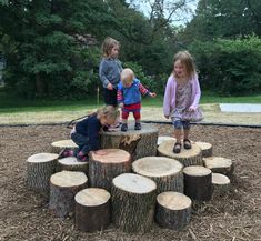 three children playing on a tree stump in a park with some logs stacked around them