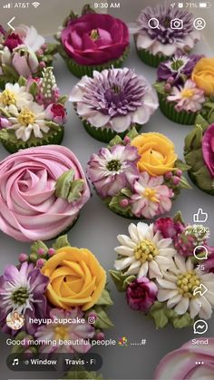 the cupcakes are decorated with flowers on top of each other in different colors