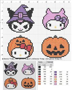 cross stitch pattern with pumpkins, cats and other halloween related items in different colors