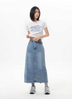 Long Skirt Outfits Korean, Blue Skirt Outfits, Summer Swag Outfits, School Material, Long Length Dresses, Denim Skirt Outfits, Long Skirt Outfits, Long Denim Skirt, Detail Shop