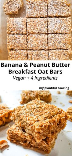 banana and peanut butter breakfast bars with text overlay that reads vegan 4 ingredients