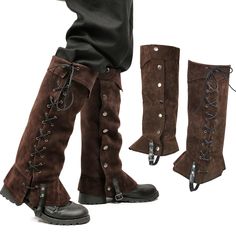 two pairs of brown boots with laces on the side and one pair in black