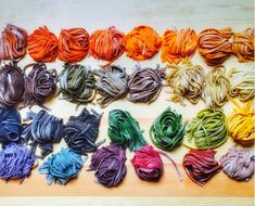 there are many different colors of yarn on the table