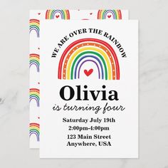 a rainbow birthday party card with the words, we are over the rainbow