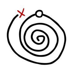 a black and white drawing of a spiral with a red x on the top right hand corner