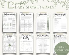 12 printable baby shower games in green and white with flowers on the side, including one