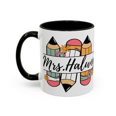 a black and white coffee mug with the words, mrs hallaway written on it