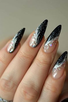 Black And White Sparkly Nails, Glitter Nye Nails, Black Glitter Christmas Nails, New Year’s Eve Nails Square, Black Accent Nail Ideas, New Year’s Eve Nail Art, New Years Inspired Nails, New Year’s Eve Nails Black, Witchy Winter Nails