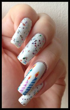 Birthday Nails 40th, Happy Birthday Nails Designs Art Ideas, Candle Nail Art, Birthday Candle Nails, 40th Birthday Nails, Birthday Cake Nails, Glitter Candles