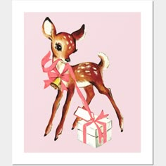 a painting of a deer with a bow on it's head, standing next to a gift box