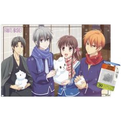 four anime characters holding white cats in their hands and posing for the camera with snow falling on them