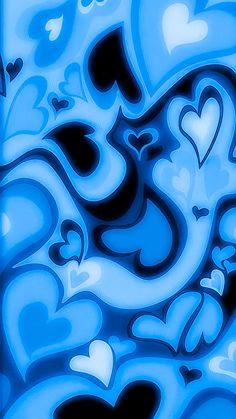 an abstract painting with blue and black hearts