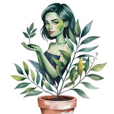 a watercolor painting of a woman holding a plant