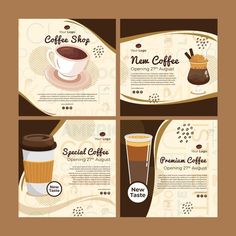 four coffee banners with different types of drinks