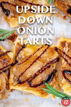 upside down onion tarts on parchment paper with text overlay reading upside down onion tarts