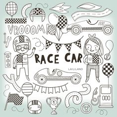 race car coloring page with people and cars for children to color, in black and white