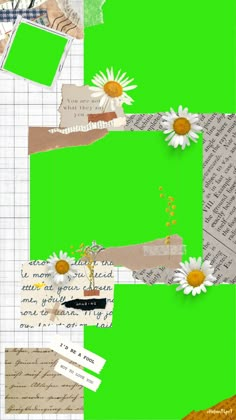 a collage of papers with flowers and letters on them, including one green background