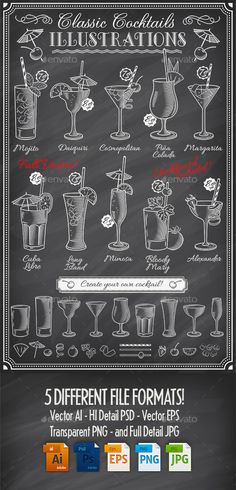 a chalkboard menu with different types of drinks on it and the text, 5 different file formats