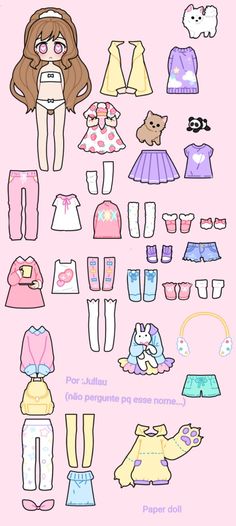 the paper doll has many different clothes and shoes