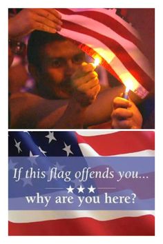 a man is holding an american flag and the caption reads, if this flag offers you why are you here?