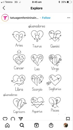 an iphone screen showing the different symbols for each zodiac sign, including two heart shapes and one