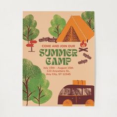 a poster with an image of a camper and tent