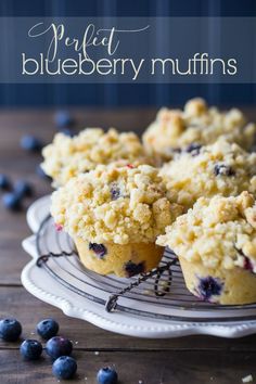 blueberry muffins on a white plate with text overlay