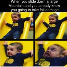 a little boy sitting on top of a yellow slide